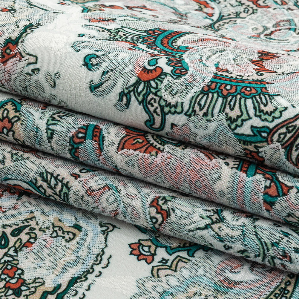 Stretch Floral Jacquard Print - Jade and Orange Ornate Medallions - Mood Exclusive Interlocking Configurations Folded