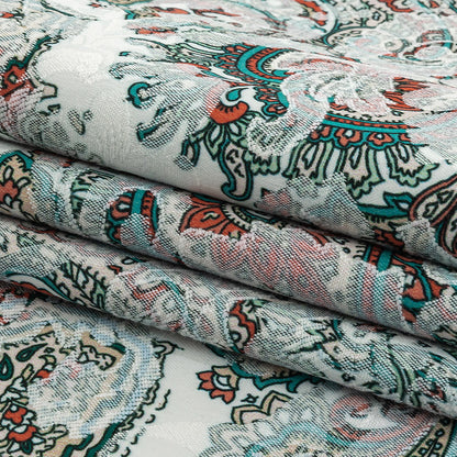 Stretch Floral Jacquard Print - Jade and Orange Ornate Medallions - Mood Exclusive Interlocking Configurations Folded