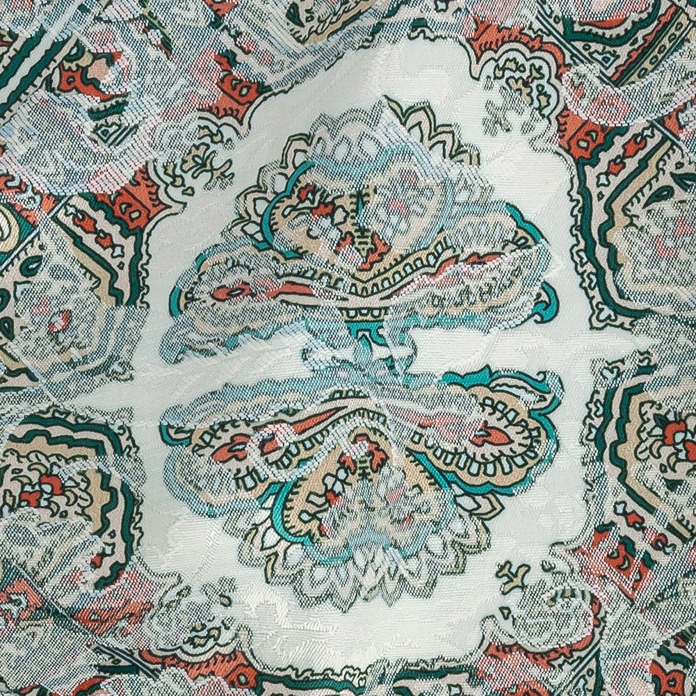 Stretch Floral Jacquard Print - Jade and Orange Ornate Medallions - Mood Exclusive Interlocking Configurations Detail