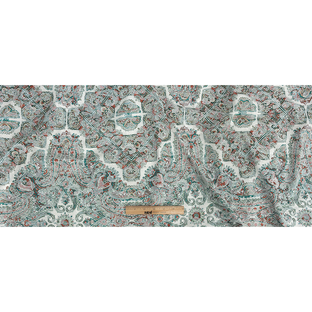Stretch Floral Jacquard Print - Jade and Orange Ornate Medallions - Mood Exclusive Interlocking Configurations Full