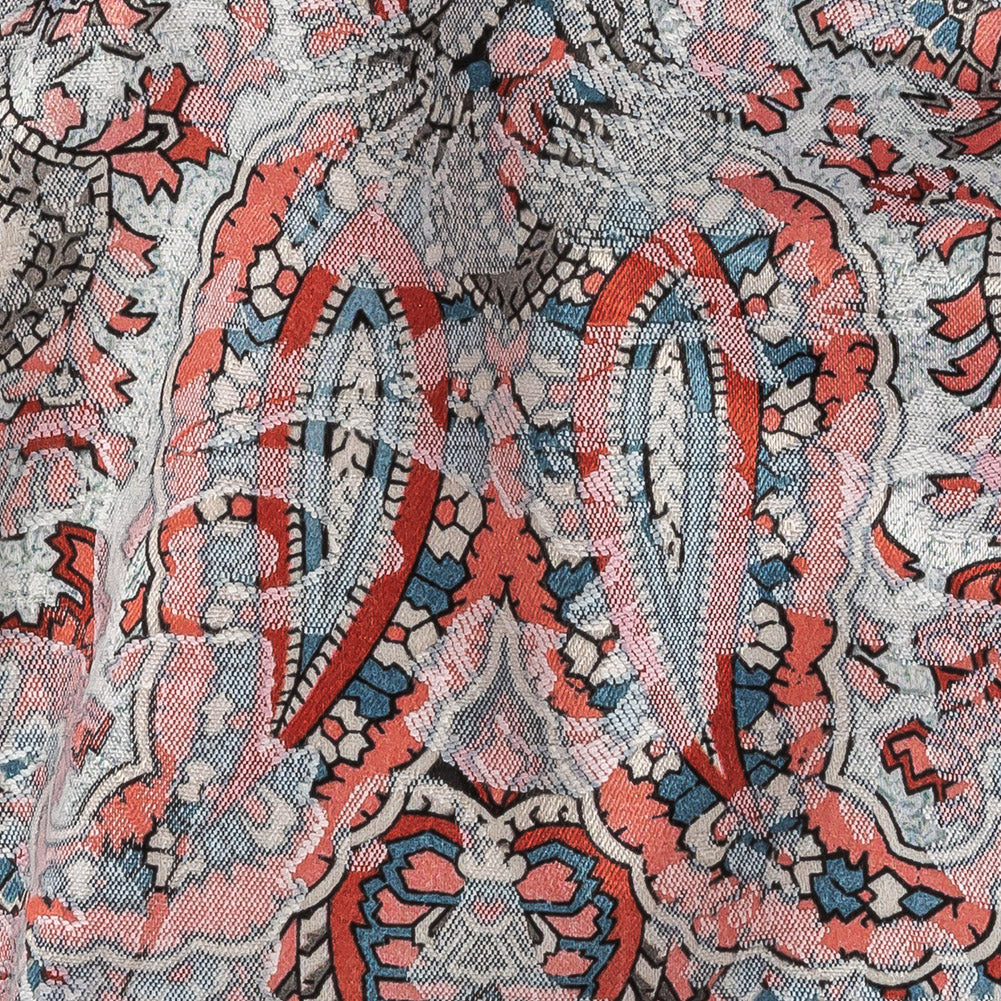 Stretch Floral Jacquard Print - Coral and Red Ornate Paisley - Mood Exclusive Baroque Embellishments Detail