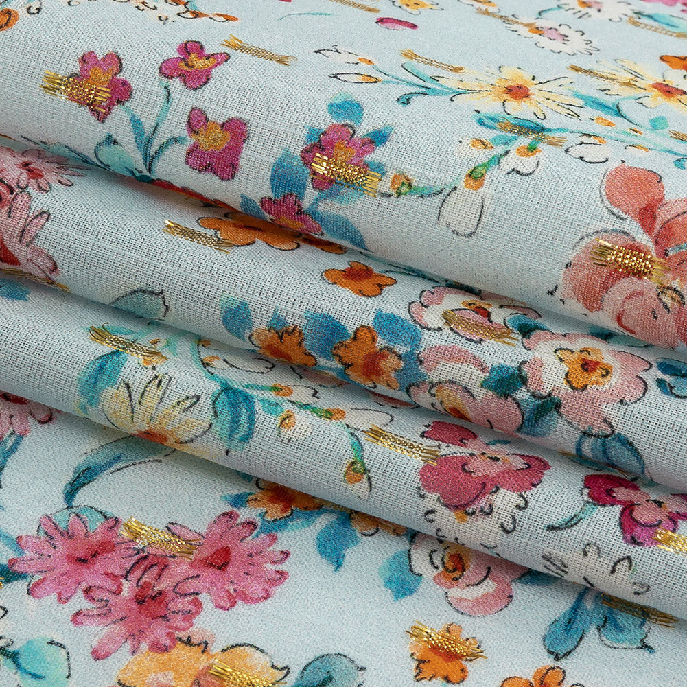 Cotton Voile Print with Metallic Dots - Baby Blue Floral - Mood Exclusive Celestial Serendipity Folded