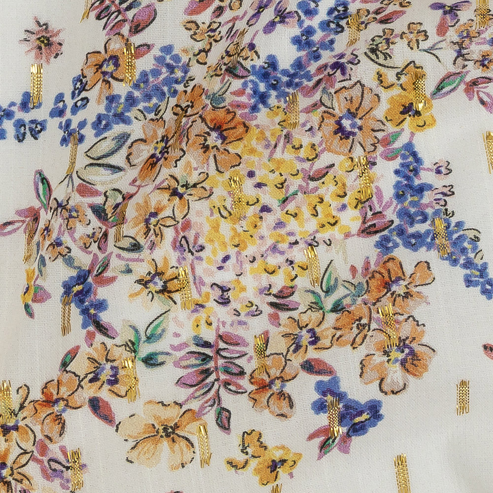 Cotton Voile Print with Metallic Dots - White and Yellow Floral - Mood Exclusive Fragrant Fields Detail