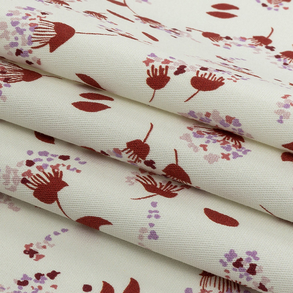 Stretch Cotton Twill Print - Rust and White Dandelion Floral - Mood Exclusive Feeling Dandy Folded