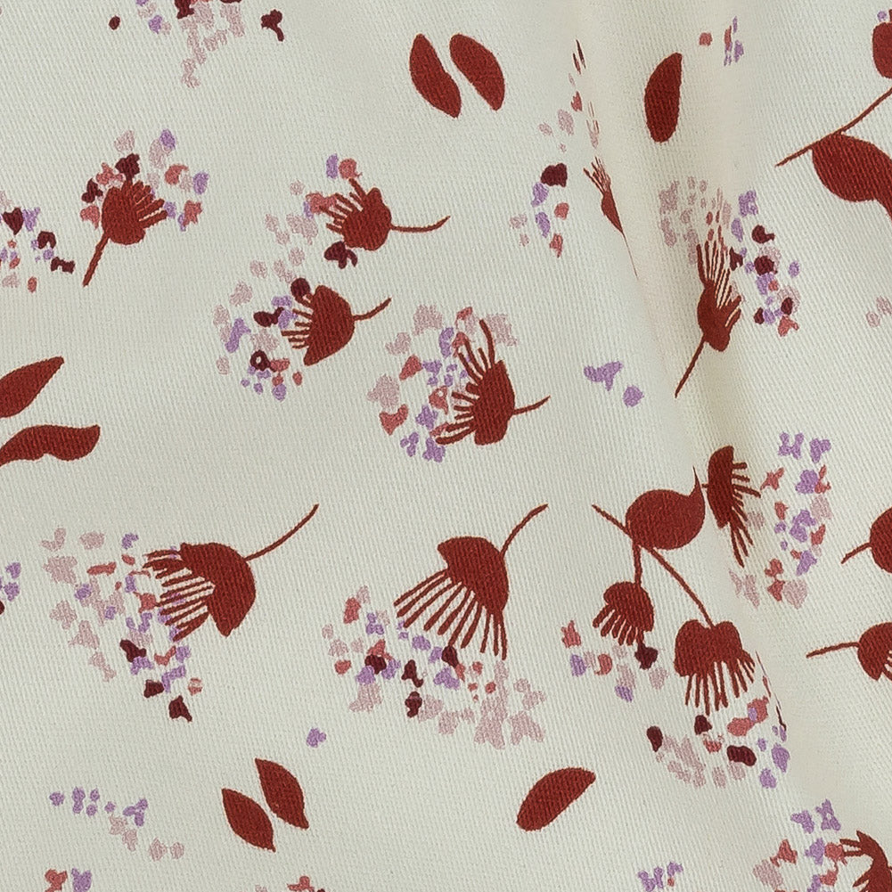 Stretch Cotton Twill Print - Rust and White Dandelion Floral - Mood Exclusive Feeling Dandy Detail