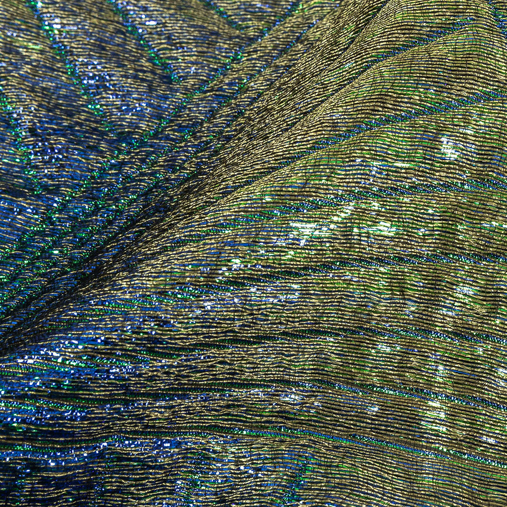 Metallic Royal Blue, Green and Gold Fanning Rays Luxury Brocade Detail