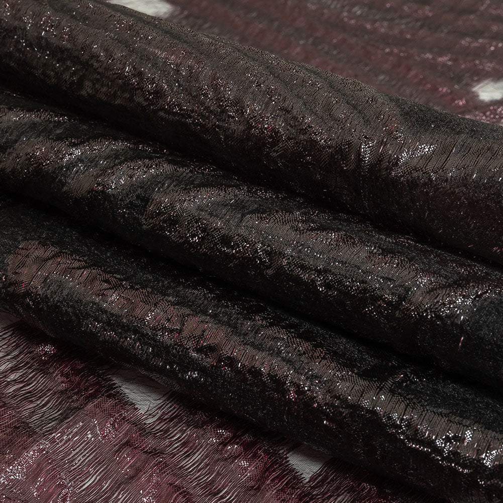 Metallic Black and Burgundy Abstract Sheer Luxury Burnout Brocade Folded