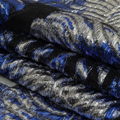 Metallic Silver and Royal Blue Leafy Luxury Burnout Brocade Folded