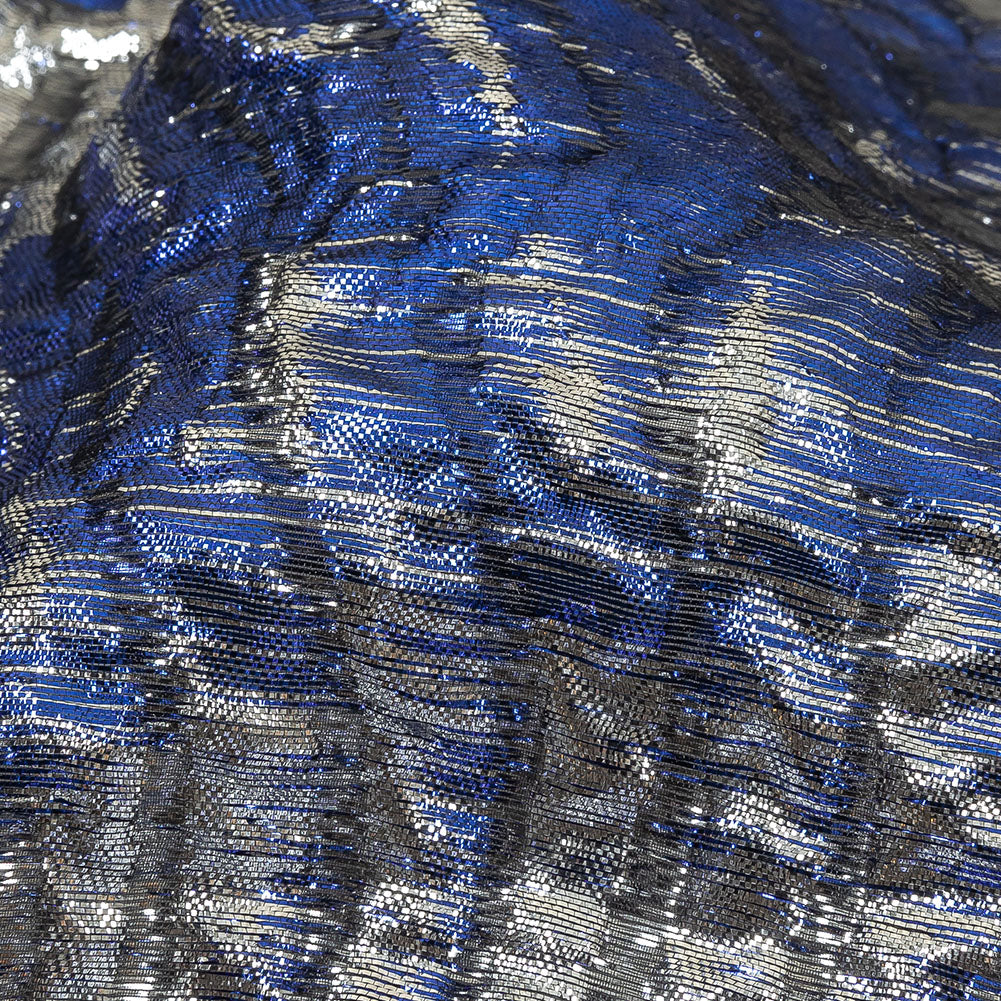 Metallic Silver and Royal Blue Leafy Luxury Burnout Brocade Detail