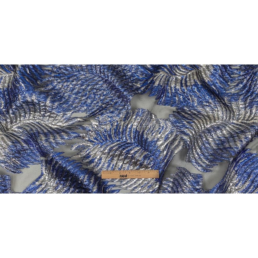 Metallic Silver and Royal Blue Leafy Luxury Burnout Brocade Full