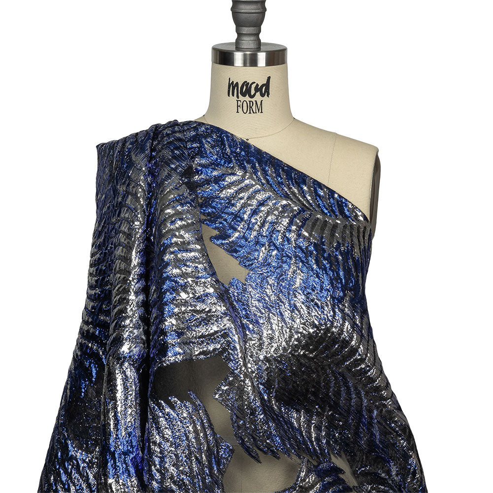 Metallic Silver and Royal Blue Leafy Luxury Burnout Brocade Drape