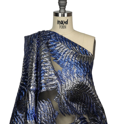 Metallic Silver and Royal Blue Leafy Luxury Burnout Brocade Drape