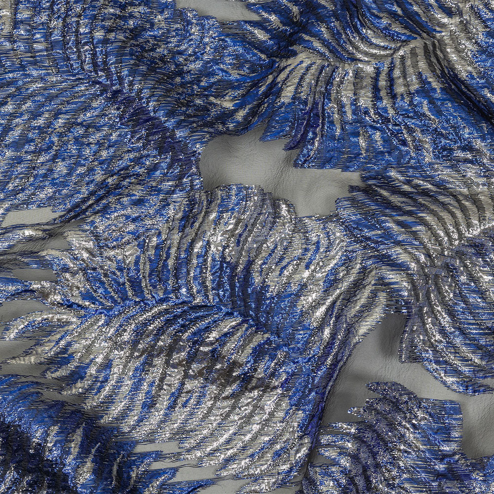 Metallic Silver and Royal Blue Leafy Luxury Burnout Brocade