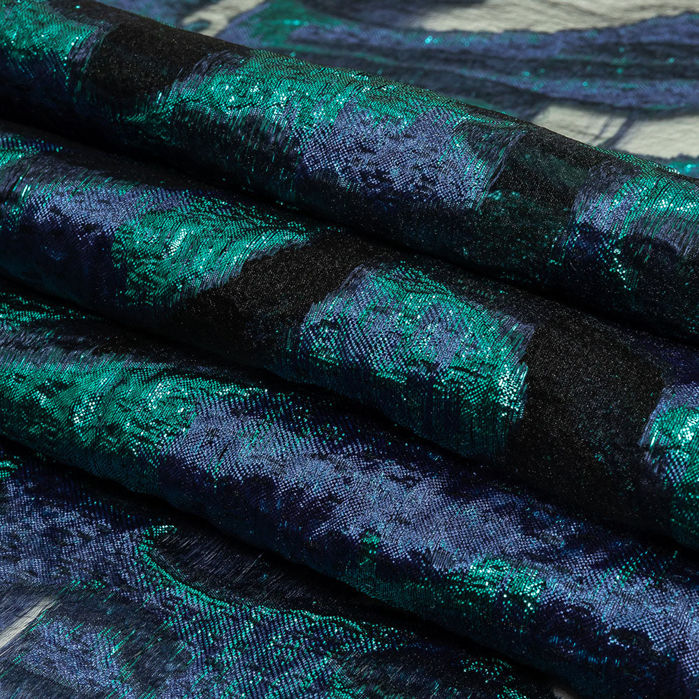 Metallic Teal and Navy Abstract Luxury Burnout Brocade Folded