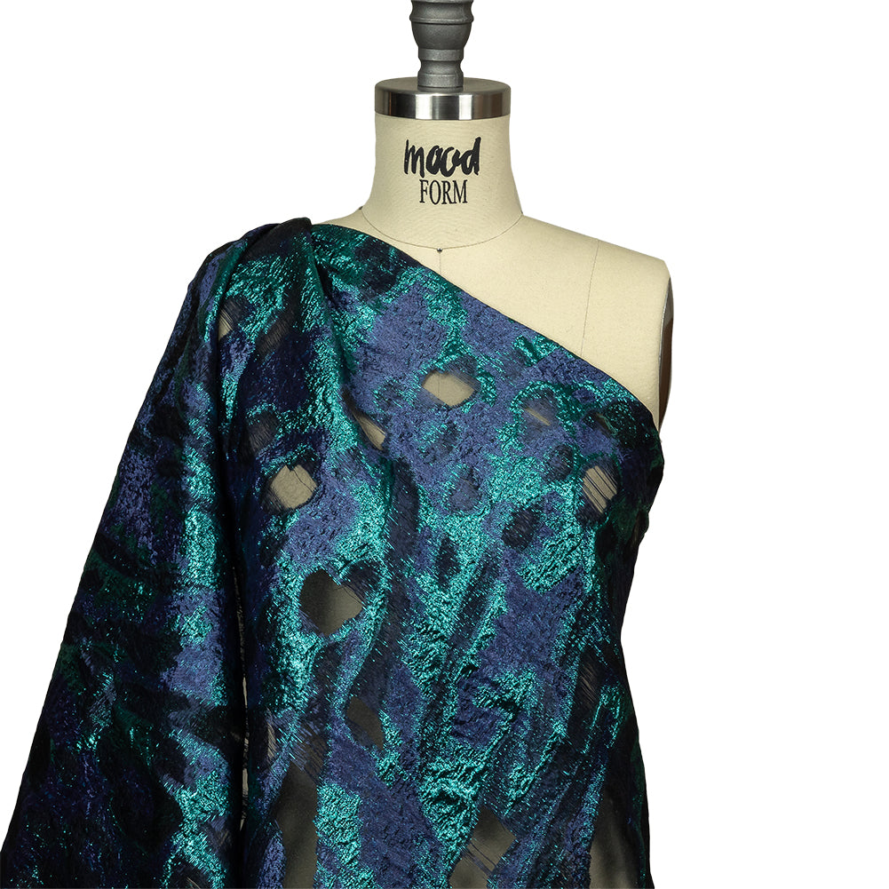 Metallic Teal and Navy Abstract Luxury Burnout Brocade Drape