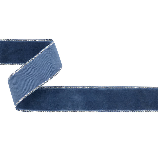 Navy Peony and Silver Metallic Lined Velvet Ribbon - 0.875"