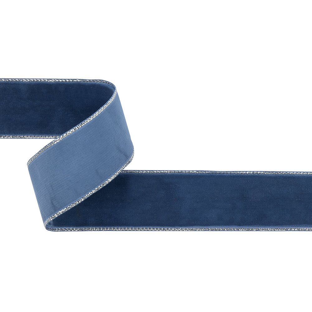 Navy Peony and Silver Metallic Lined Velvet Ribbon - 1"