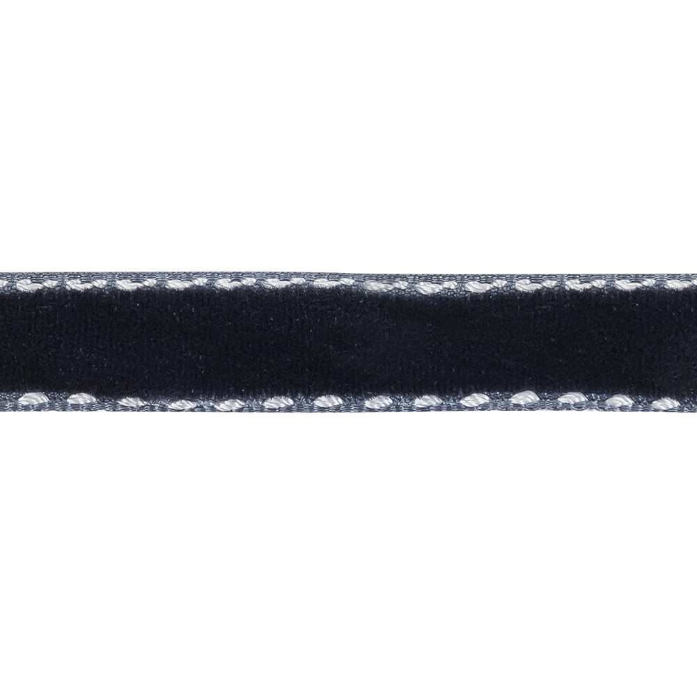 Dress Blues and White Side-Stitched Velvet Ribbon - 0.5" Detail