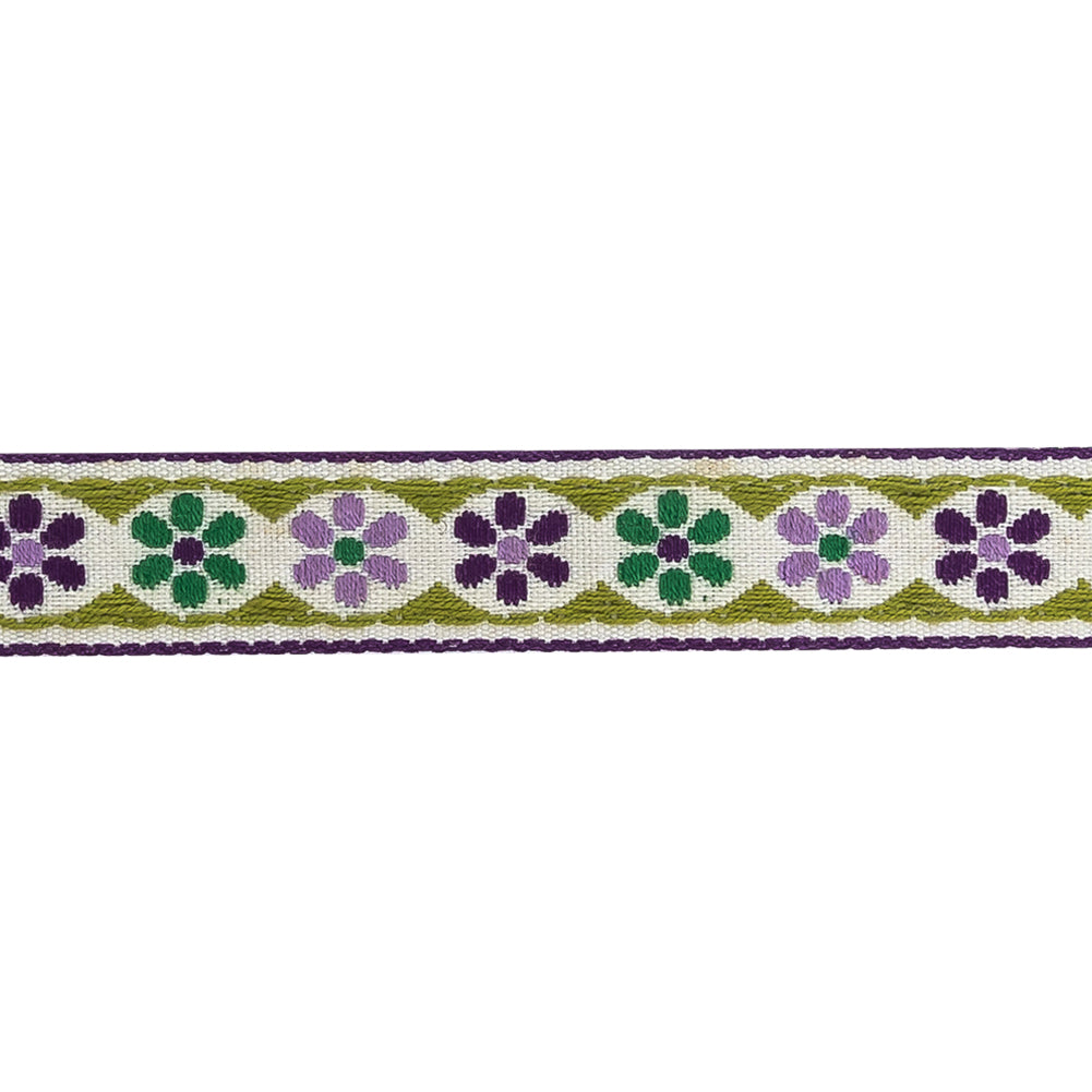 Green, Off-White and Purple Floral German Jacquard Cotton Ribbon - 0.625" Detail