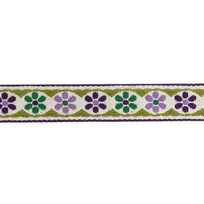 Green, Off-White and Purple Floral German Jacquard Cotton Ribbon - 0.625" Detail