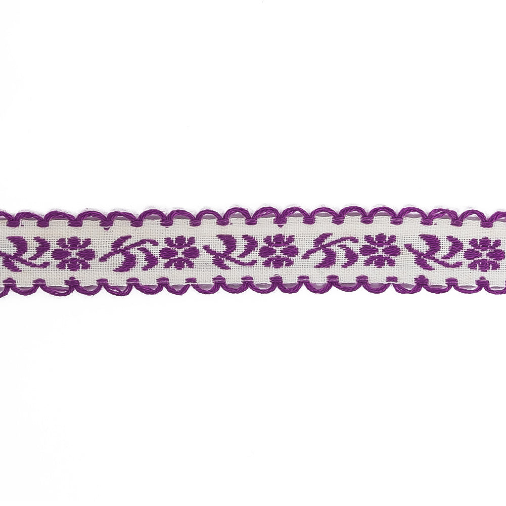 Dewberry and Off-White Floral German Jacquard Cotton Ribbon - 0.625" Detail