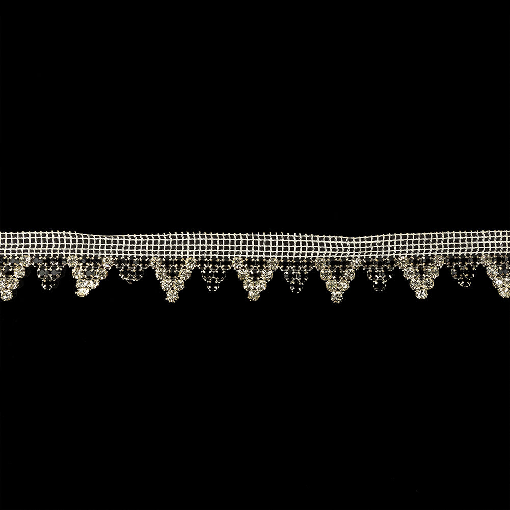 Vintage Czech Crystal and Jet Rhinestones in Silver Settings on White Mesh Trimming - 1.1875"