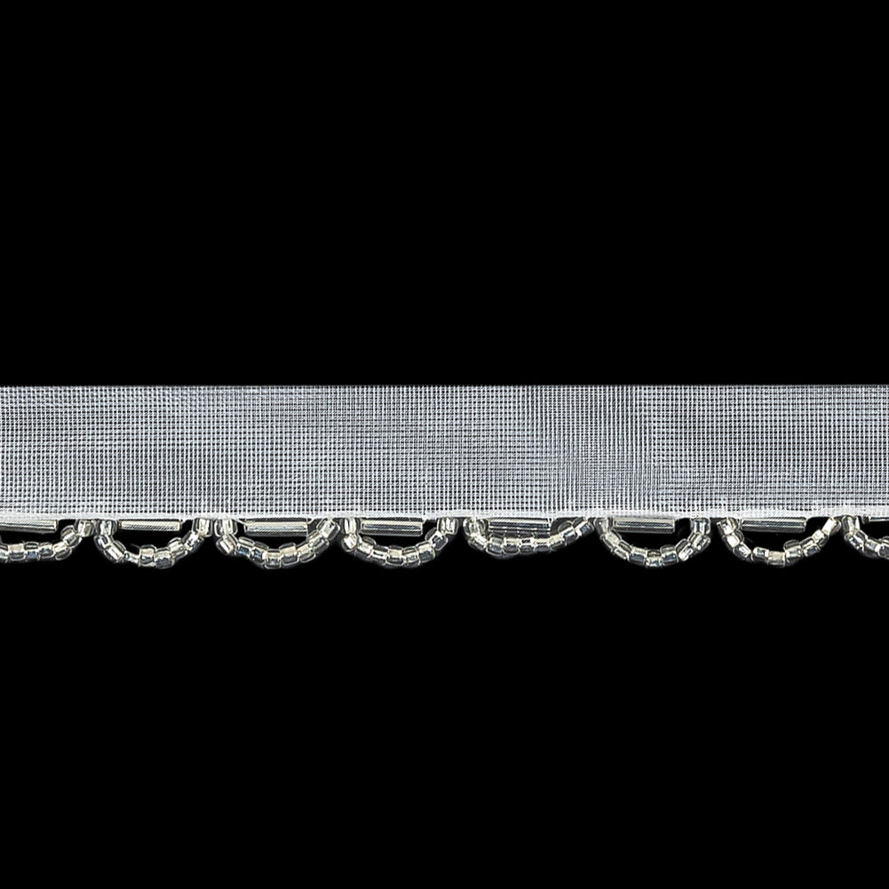Vintage White and Silver Lined Seed and Bugle Beaded Scalloped Trim - 0.75" Detail