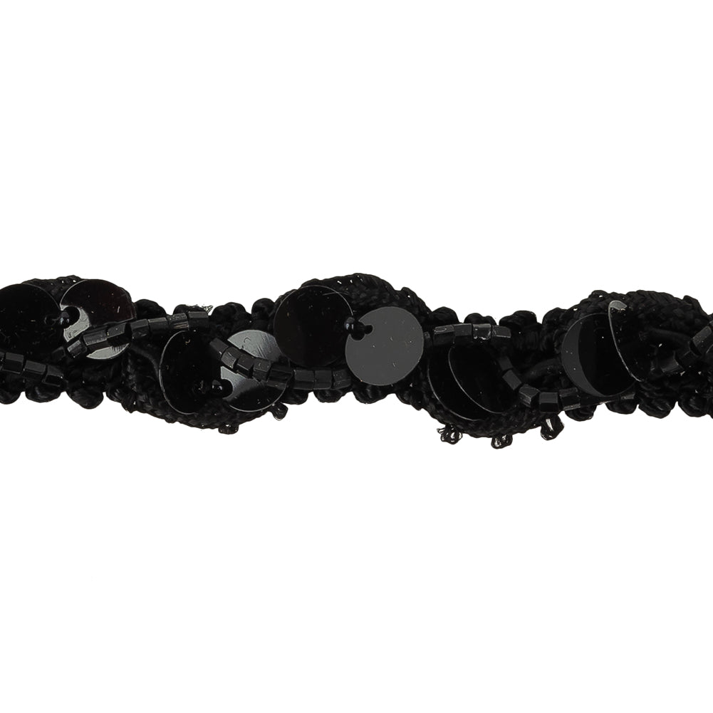Vintage Black Paillette Sequins and Black Bugle Beaded Trimming - 0.75" Detail