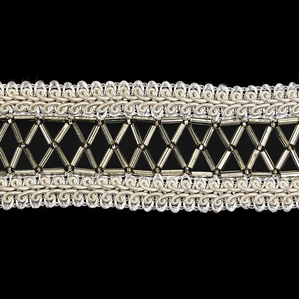 Vintage Off-White Cotton Blend Gimp Braided Trim with Beaded Center - 1.5" Detail