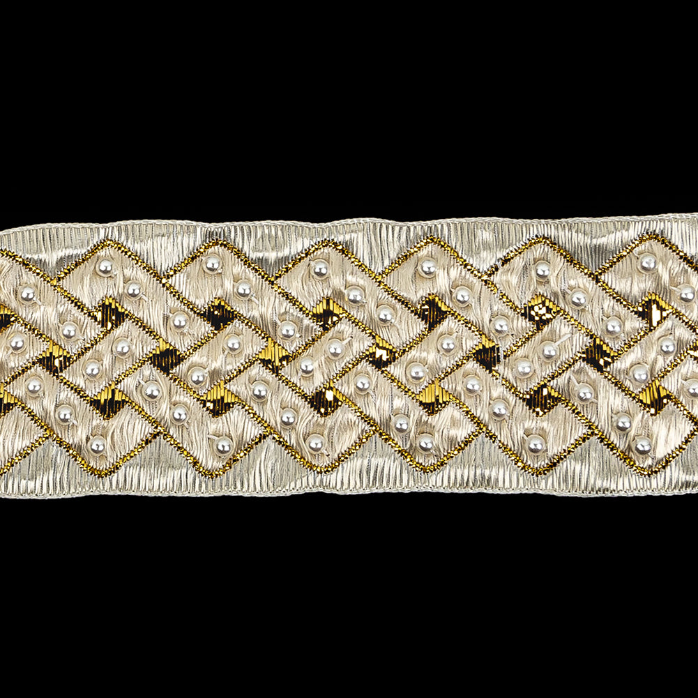 Vintage Ivory and Fleur de Lis Lurex and Rayon Blend Beaded Ribbon - 1.375" Detail