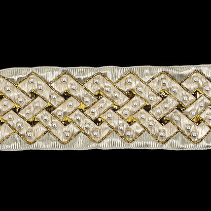 Vintage Ivory and Fleur de Lis Lurex and Rayon Blend Beaded Ribbon - 1.375" Detail