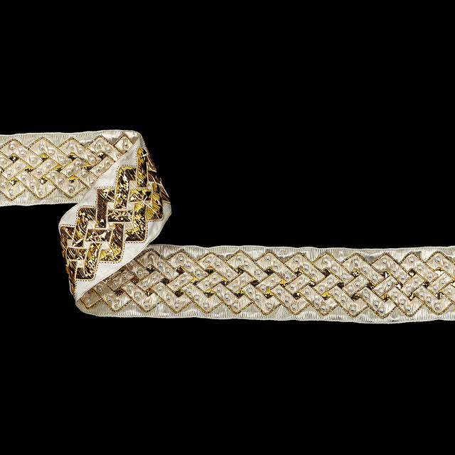 Vintage Ivory and Fleur de Lis Lurex and Rayon Blend Beaded Ribbon - 1.375"