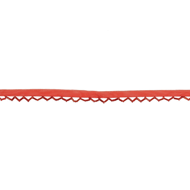 Vintage Red Beaded Scalloped Fringe Trim on Polyester Mesh - 0.5"