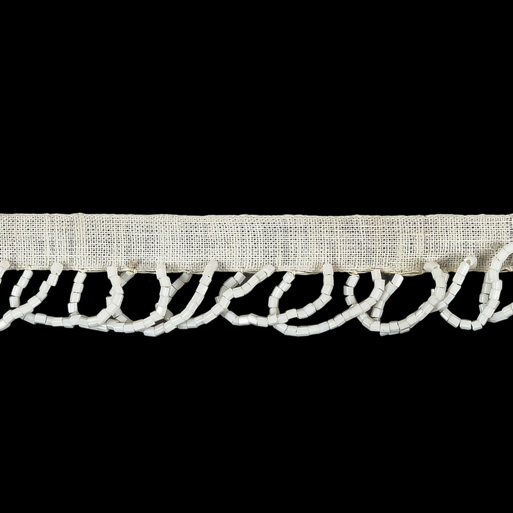 Vintage White Seed Beaded Looped Fringe on Cotton Tape - 0.875" Detail