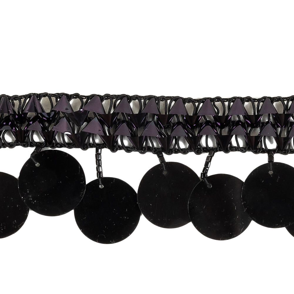 Vintage Metallic Black Braided Trim with Black Beads and Paillette Sequins Fringe - 1.75" Detail