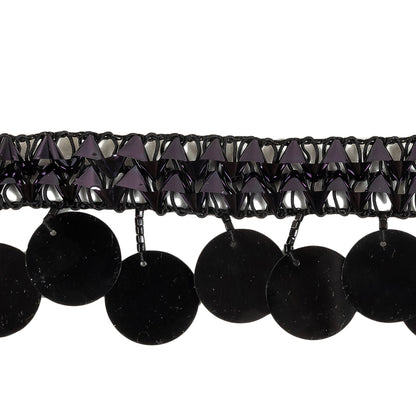 Vintage Metallic Black Braided Trim with Black Beads and Paillette Sequins Fringe - 1.75" Detail