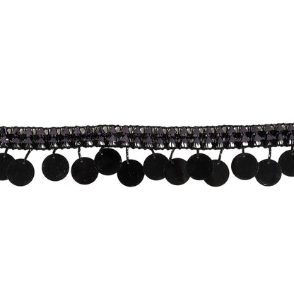 Vintage Metallic Black Braided Trim with Black Beads and Paillette Sequins Fringe - 1.75"