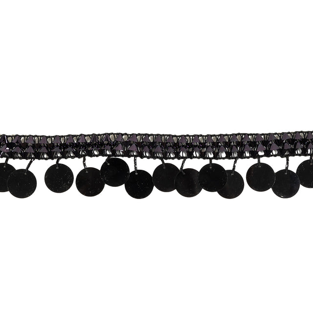 Vintage Metallic Black Braided Trim with Black Beads and Paillette Sequins Fringe - 1.75"