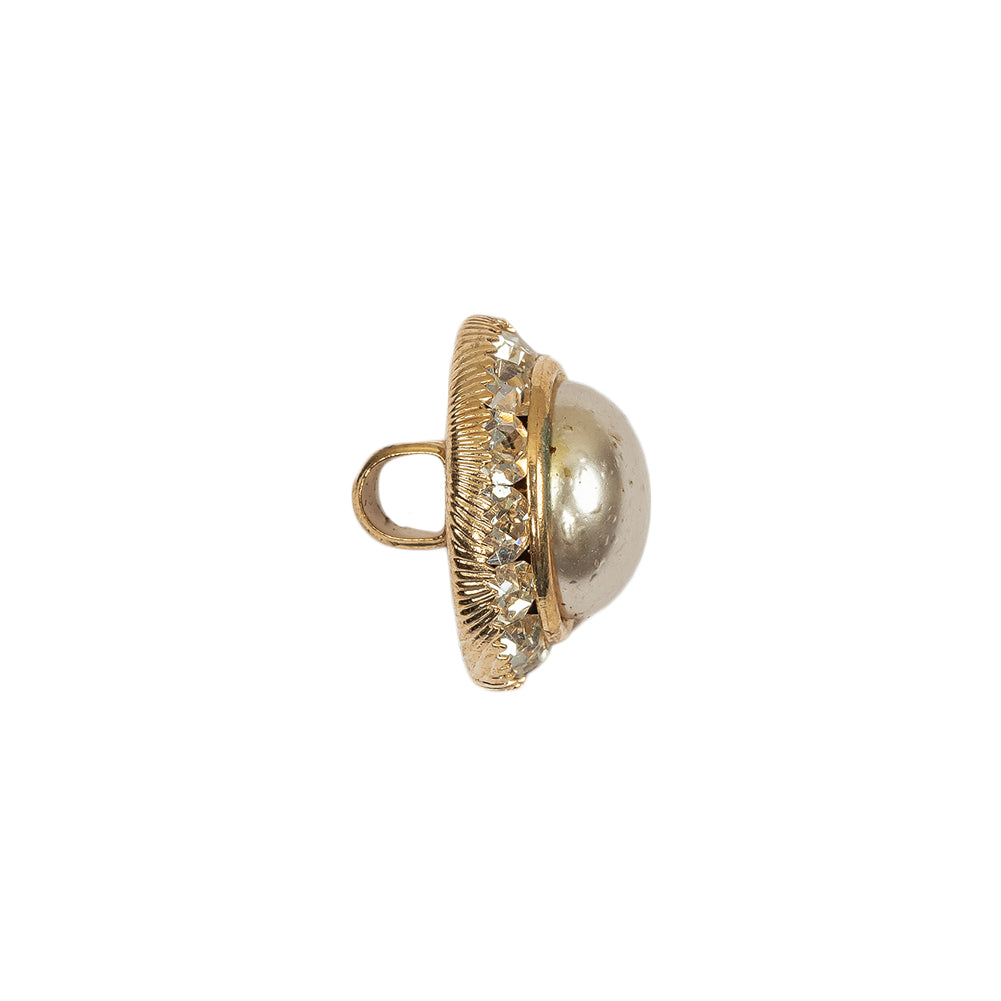 Vintage One Row Crystal Rhinestones and Gold Metal Shank Button with Pearl Finished Center - 24L/15mm Folded
