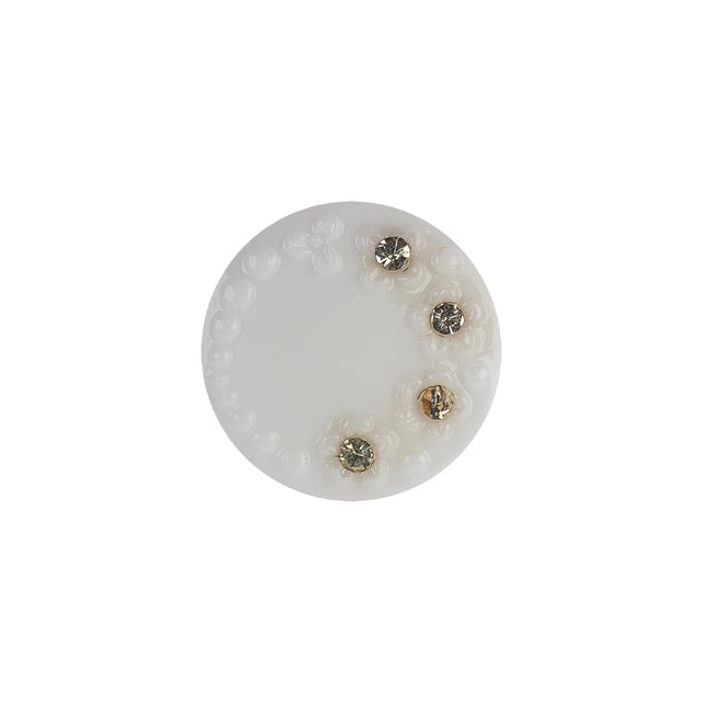 Vintage Chalk White and Crystal Rhinestones Floral Glass Button - 28L/18mm