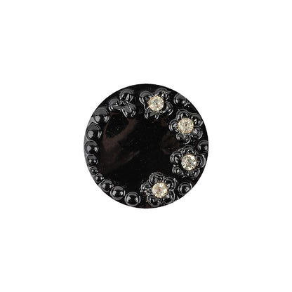 Vintage Shiny Black and Crystal Rhinestones Floral Glass Button - 28L/18mm