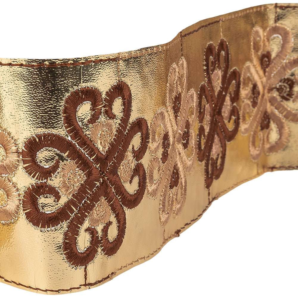 Vintage English Beige and Brown Embroidered Gold Metallic Vinyl Ribbon - 2.75" Detail