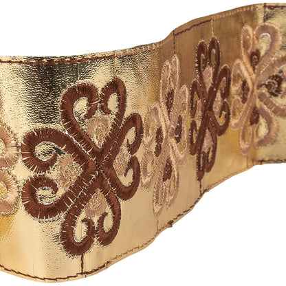 Vintage English Beige and Brown Embroidered Gold Metallic Vinyl Ribbon - 2.75" Detail