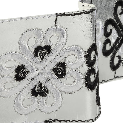 Vintage English White and Black Embroidered Silver Metallic Vinyl Ribbon - 2.75" Detail