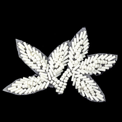 Vintage Opaque White Bugle and Seed Beaded Foliage Applique - 2.25" x 3.25" Detail