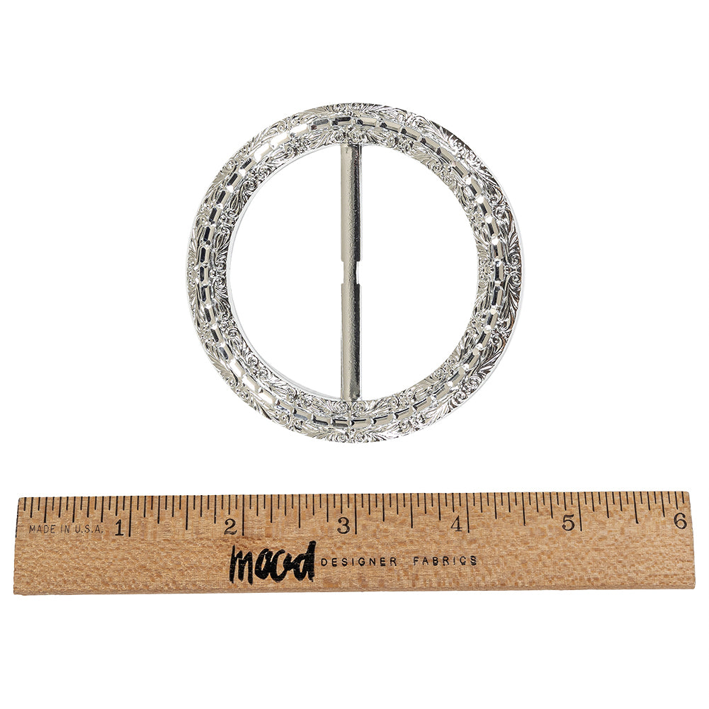Vintage Silver Classical Swirls Round Slider with Faceted Silver Band - 3.25" x 3.25" Folded
