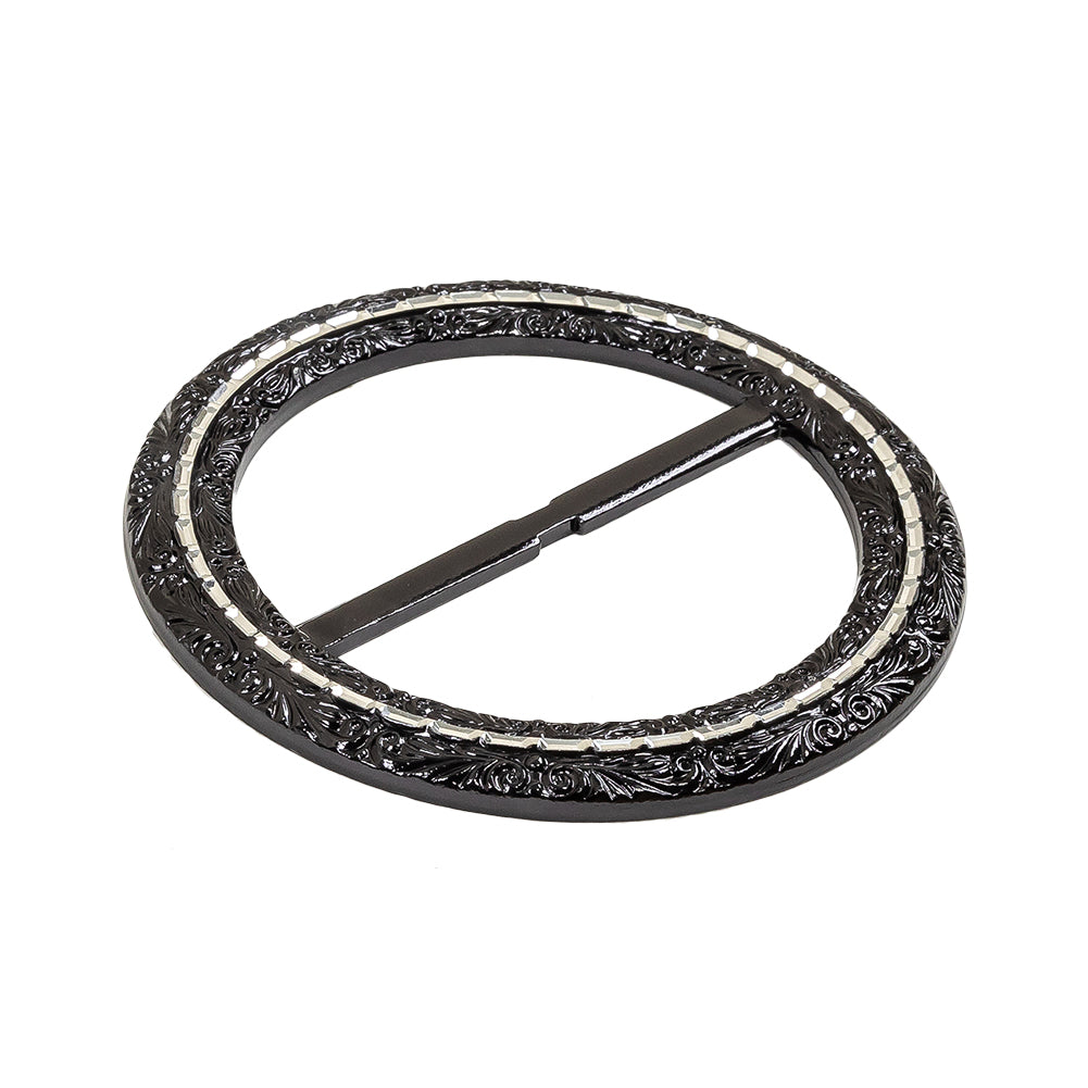 Vintage Black Classical Swirls Round Slider with Faceted Silver Band - 3.25" x 3.25" Detail