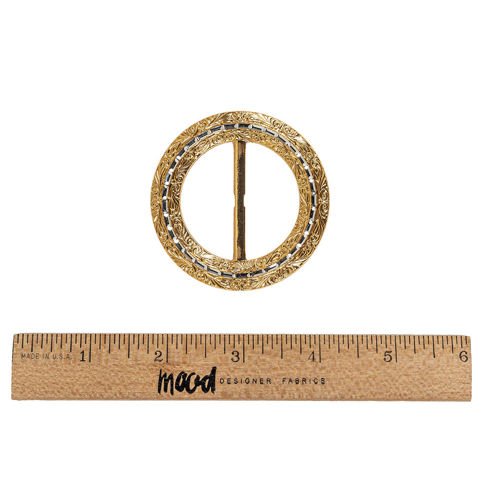 Vintage Gold Classical Swirls Round Slider with Faceted Silver Band - 2.375" x 2.375" Folded