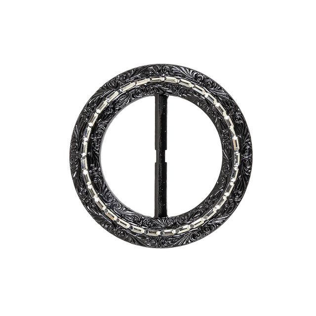 Vintage Black Classical Swirls Round Slider with Faceted Silver Band - 2.375" x 2.375"