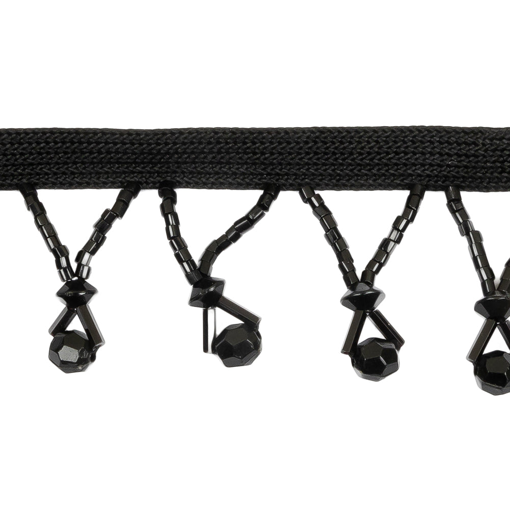 Vintage Black Faceted Round and Seed Beaded Fringe Trim - 1.375" Detail
